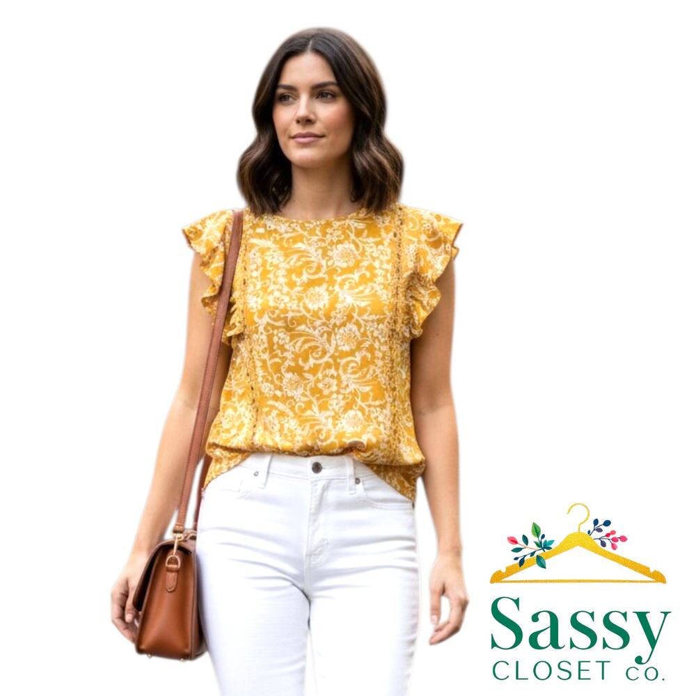 LOFT Gold White Floral Ruffle Cap Sleeve Blouse XS Damask Print Top EUC
